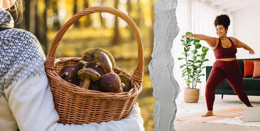 Basket full of functional mushrooms and woman exercising