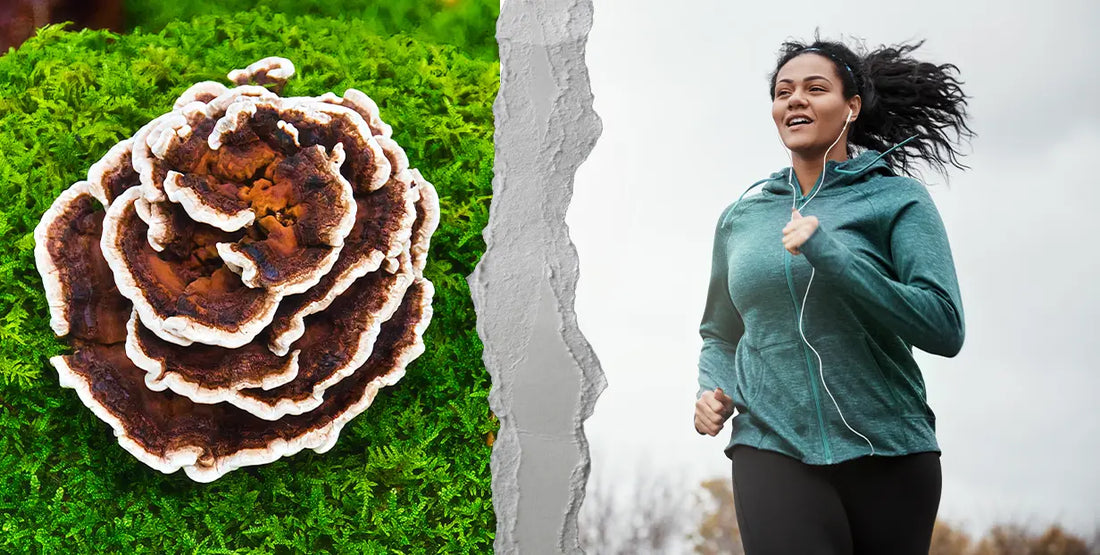 Turkey Tail mushrooms and a woman running