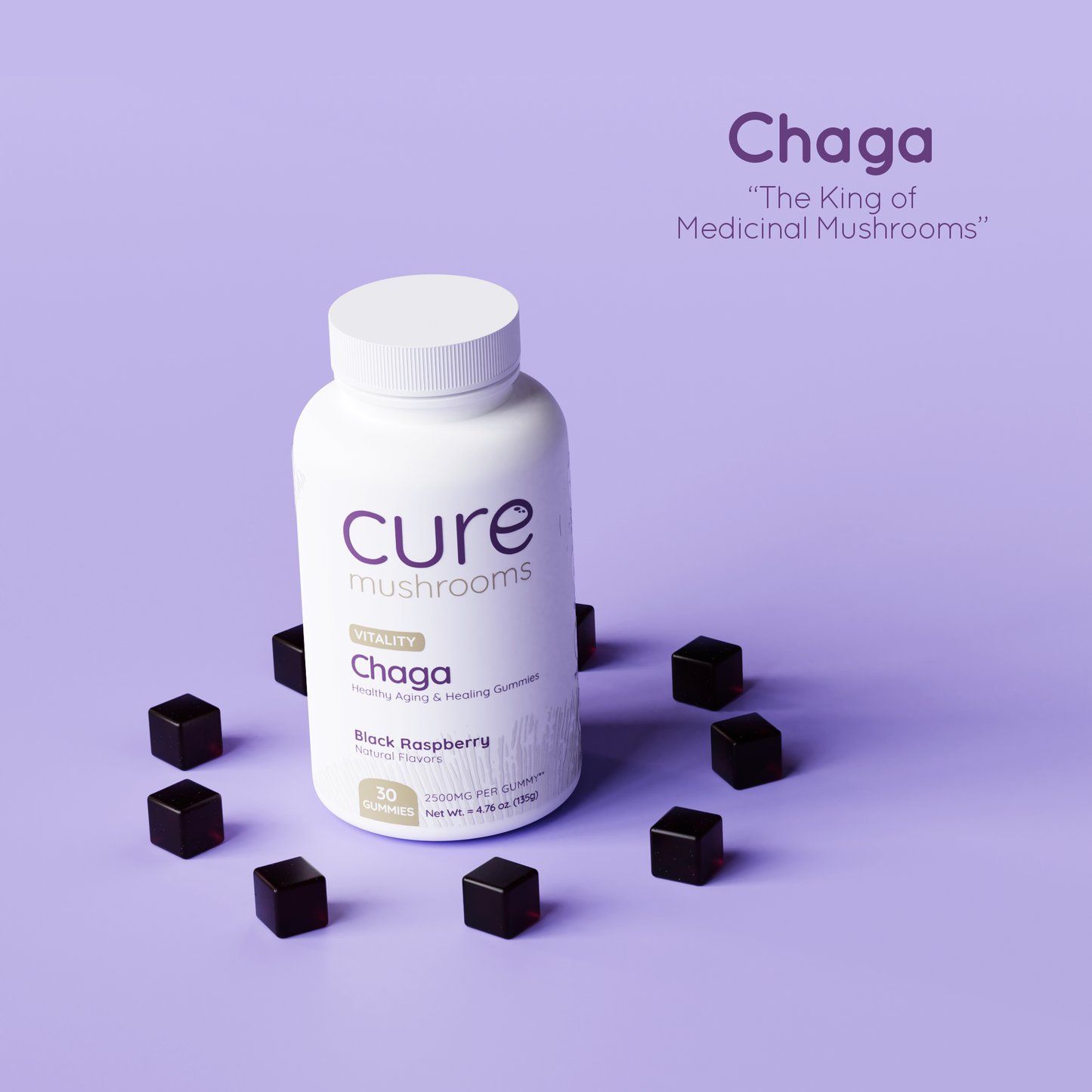 cure mushrooms black raspberry flavor chaga mushroom gummies