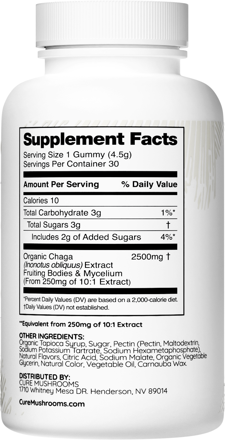 cure mushrooms black raspberry flavor chaga mushroom gummies supplement facts